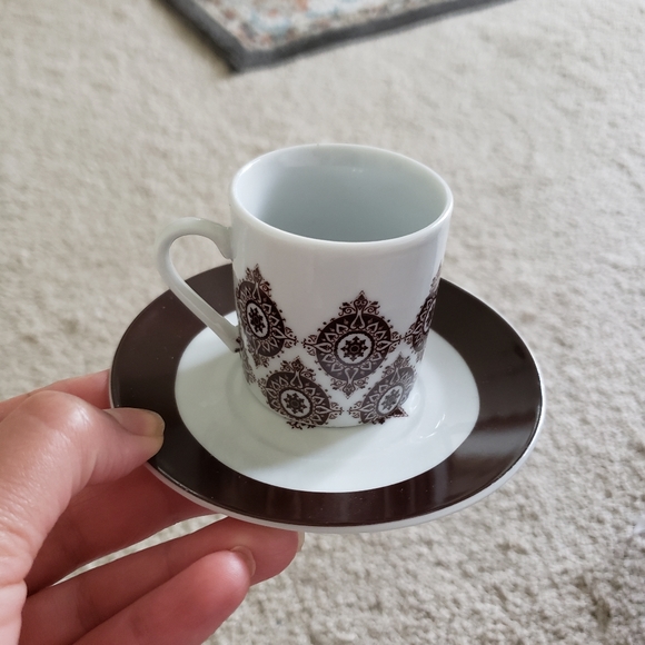 🤎Set of 2 Turkish coffee cup/espresso shot and saucer white/brown floral design - Picture 5 of 5